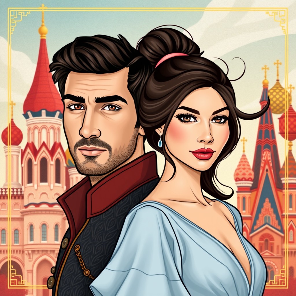 A captivating book cover design featuring a Turkish man and a Russian woman, both exuding charm and charisma