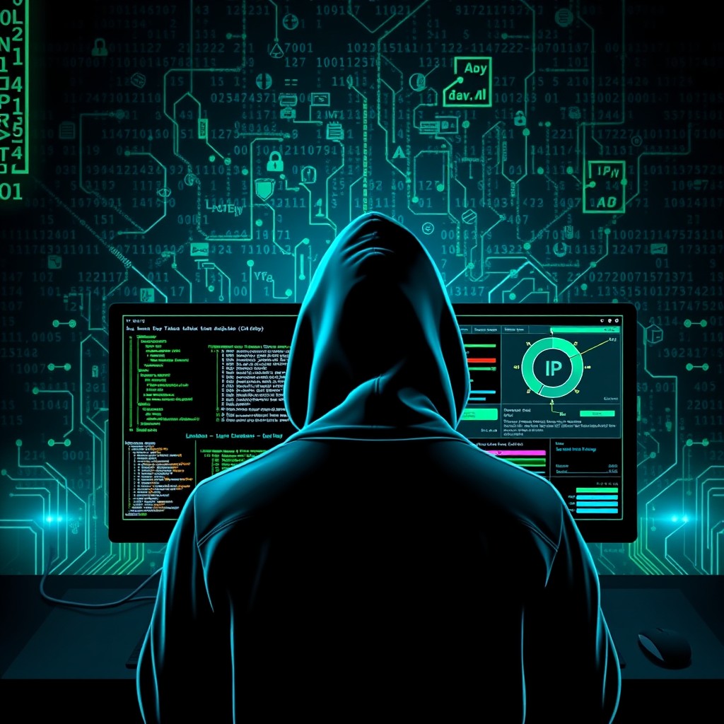 A visually striking cover for a hacker-themed social media profile, featuring a mysterious and digital atmosphere