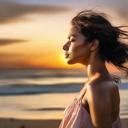 Create a picturesque image of a side-profile woman set against the backdrop of a sunset splashed beach.