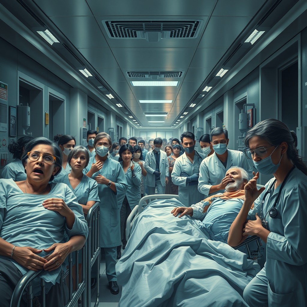 In a modern hospital corridor filled with stylish design elements, patients, nurses, and doctors are depicted expressing deep sorrow and anguish