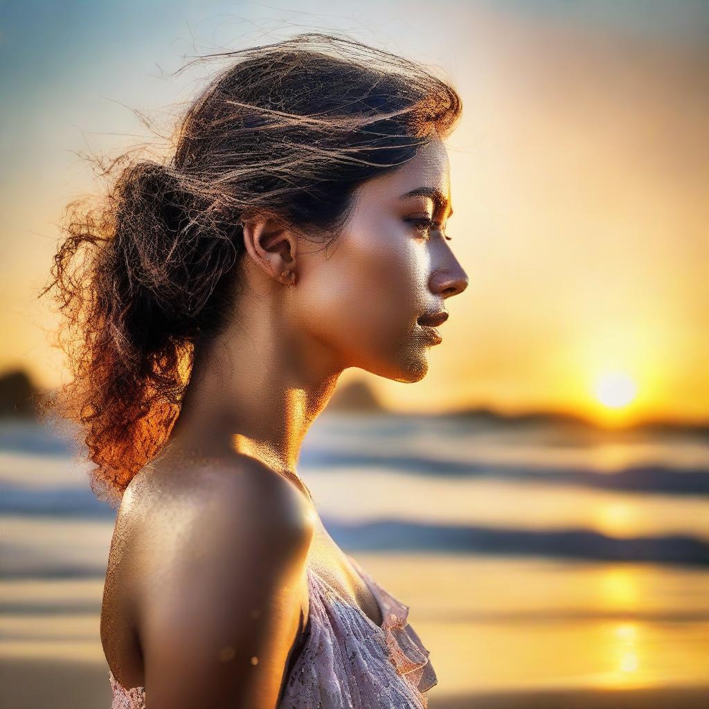 Create a picturesque image of a side-profile woman set against the backdrop of a sunset splashed beach.