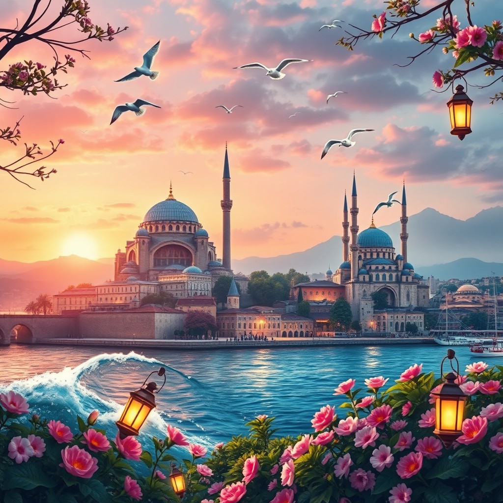 A captivating book cover background featuring an enchanting landscape of Istanbul, with iconic structures like the Hagia Sophia and the Blue Mosque artistically illustrated