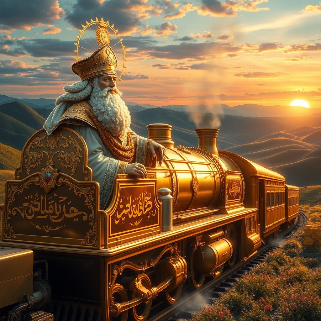 A majestic and powerful figure representing God, portrayed as a train driver, skillfully operating a grand, gleaming golden train