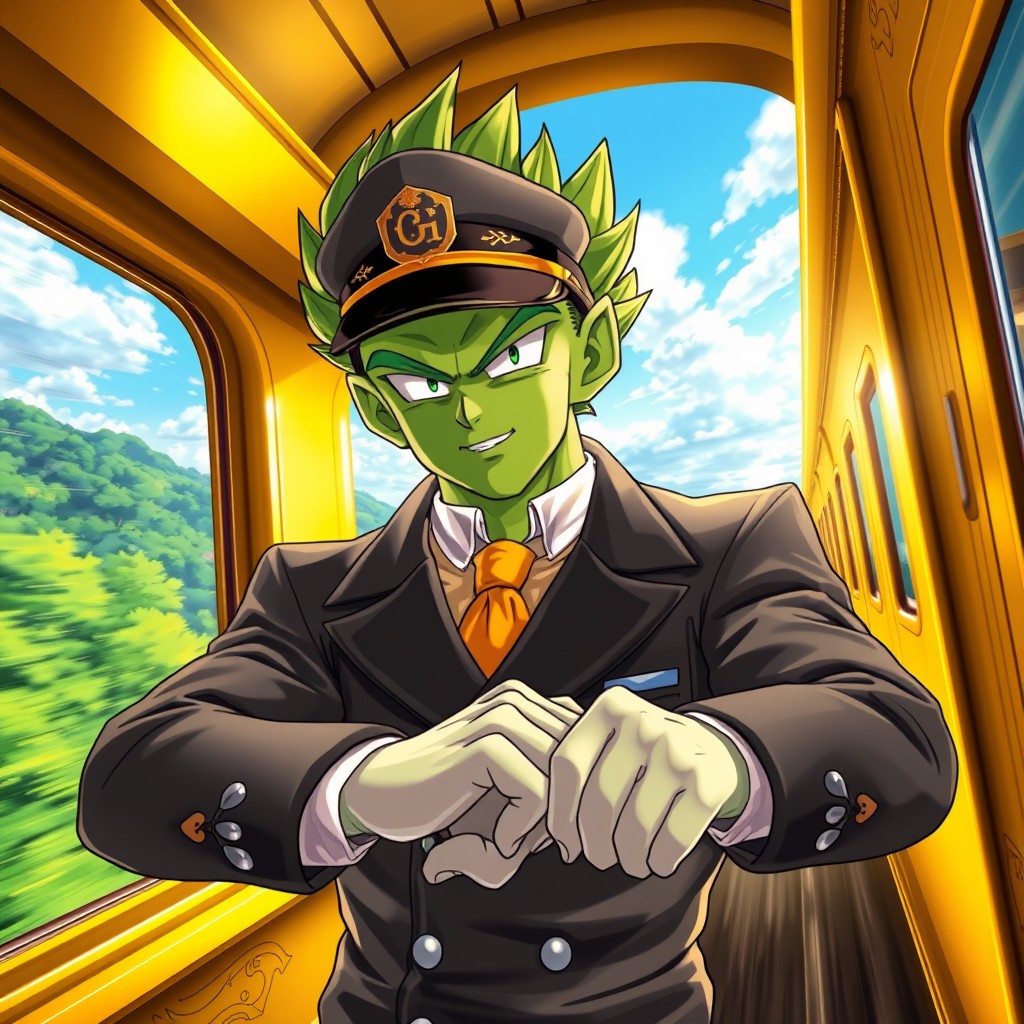 A powerful and dynamic illustration of Piccolo from Dragon Ball, depicted as a train driver, wearing a stylish train conductor uniform