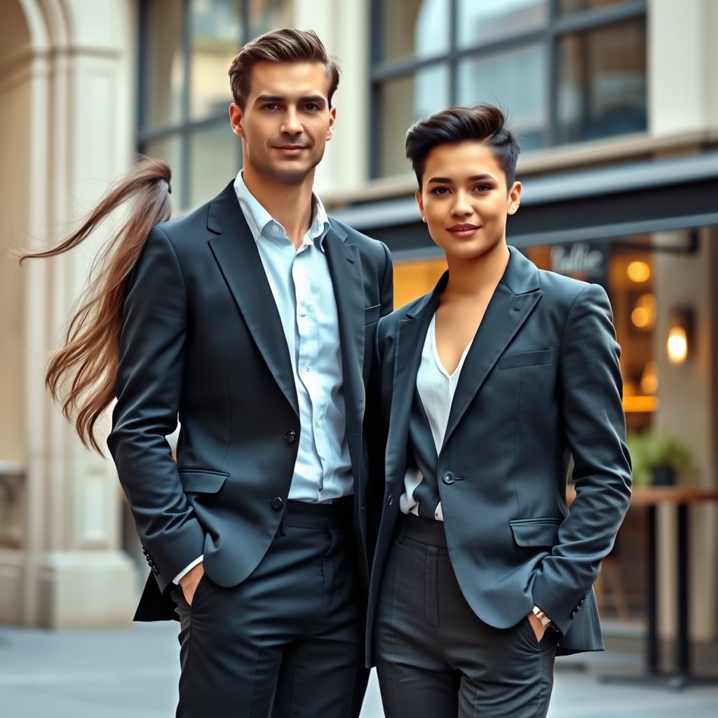 A beautiful girl in a classic, elegant suit, exuding confidence and sophistication