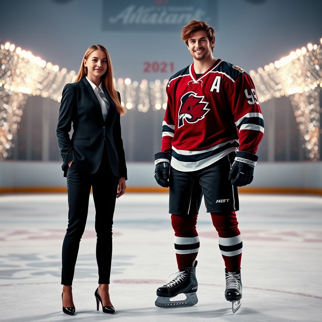 A striking image of a beautiful girl in a classic, elegant suit, standing confidently next to a tall, handsome hockey player