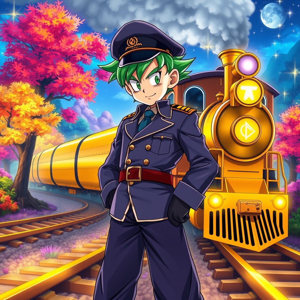 A dynamic and energetic depiction of Piccolo from Dragon Ball, transformed into a train driver