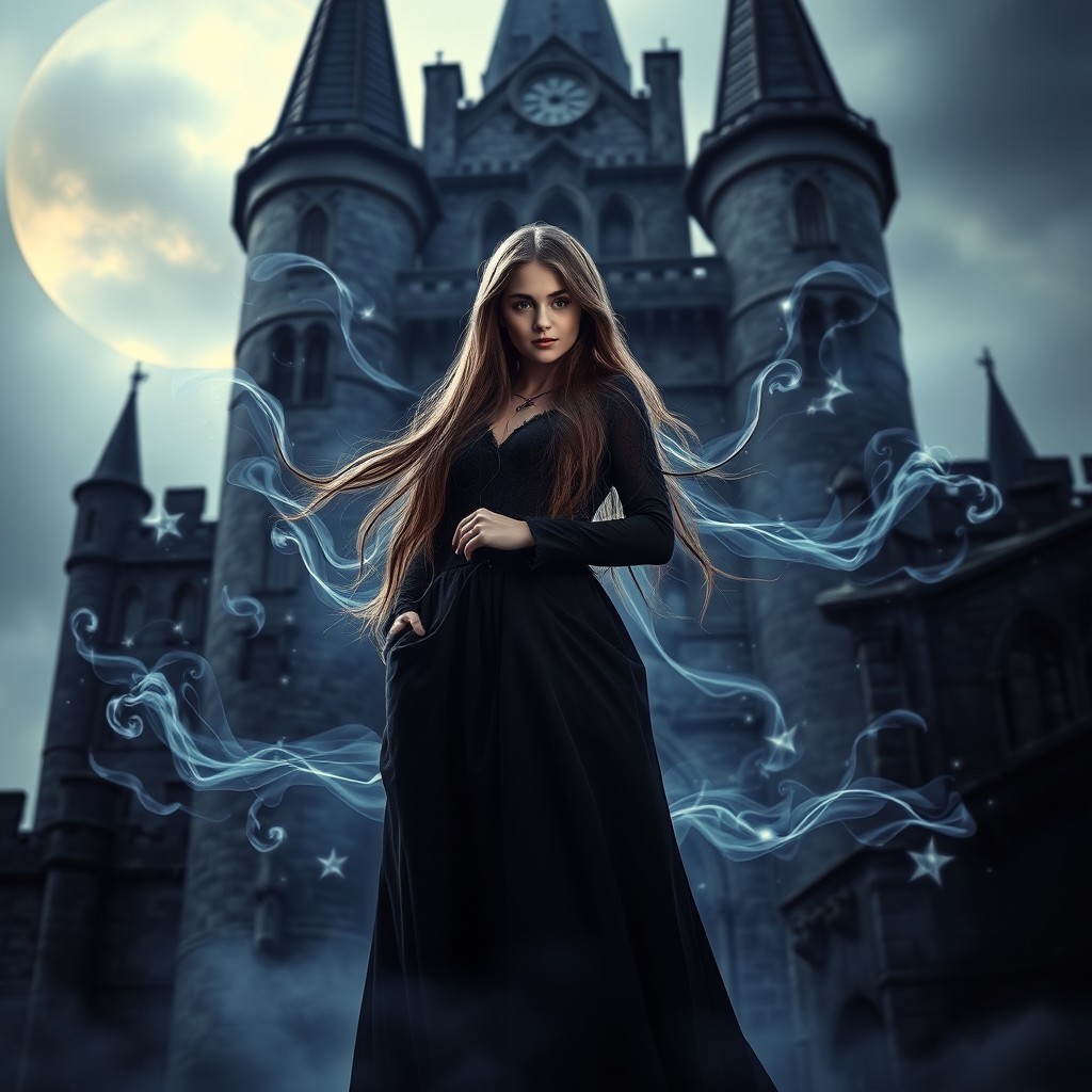 A striking image of a beautiful girl standing confidently against the backdrop of an ancient, mysterious castle