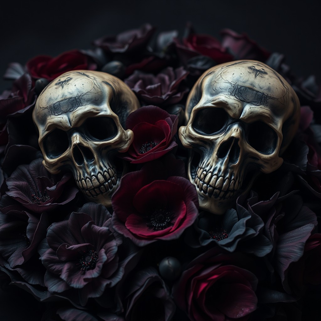 An intriguing and dramatic image featuring dark flowers with rich, deep colors such as burgundy, black, and dark purple, creating a mysterious atmosphere