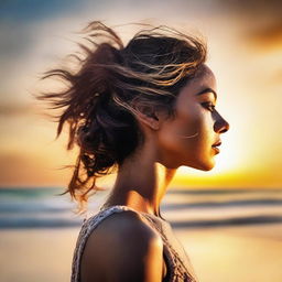 Create a picturesque image of a side-profile woman set against the backdrop of a sunset splashed beach.