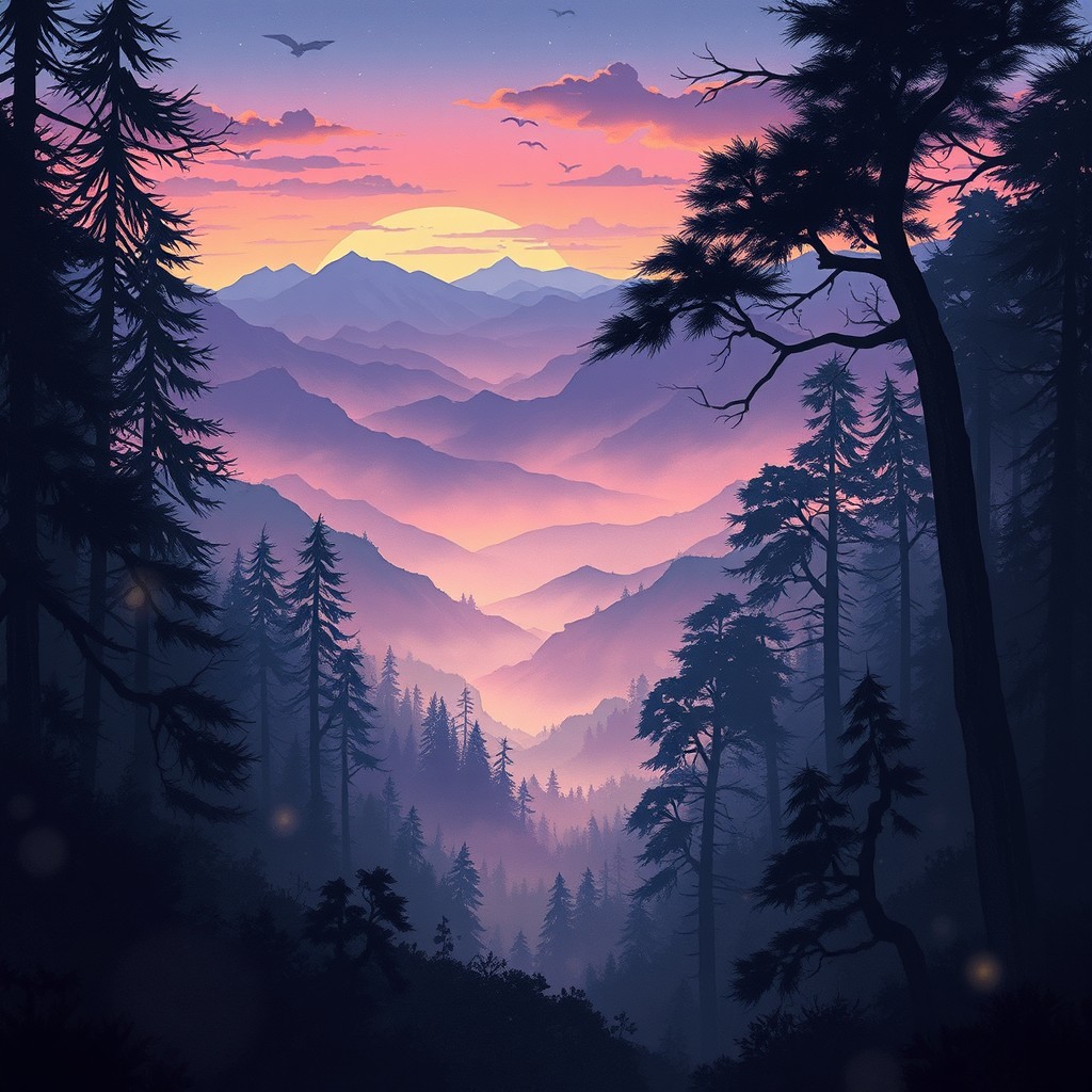 An atmospheric background inspired by the book 'Chasing Adeline,' featuring a beautifully illustrated, mystical landscape