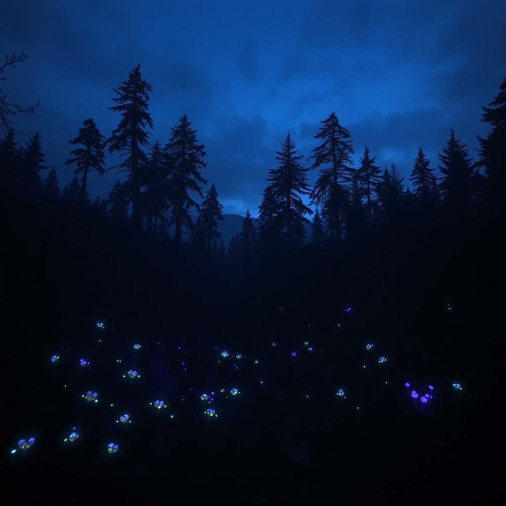 A moody and atmospheric landscape at twilight, featuring a dark forest with towering trees silhouetted against a dimly lit sky