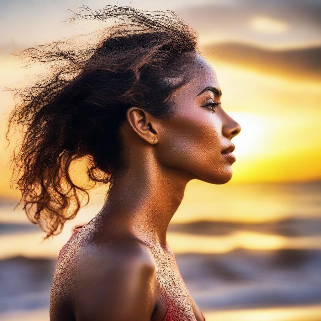 Create a picturesque image of a side-profile woman set against the backdrop of a sunset splashed beach.