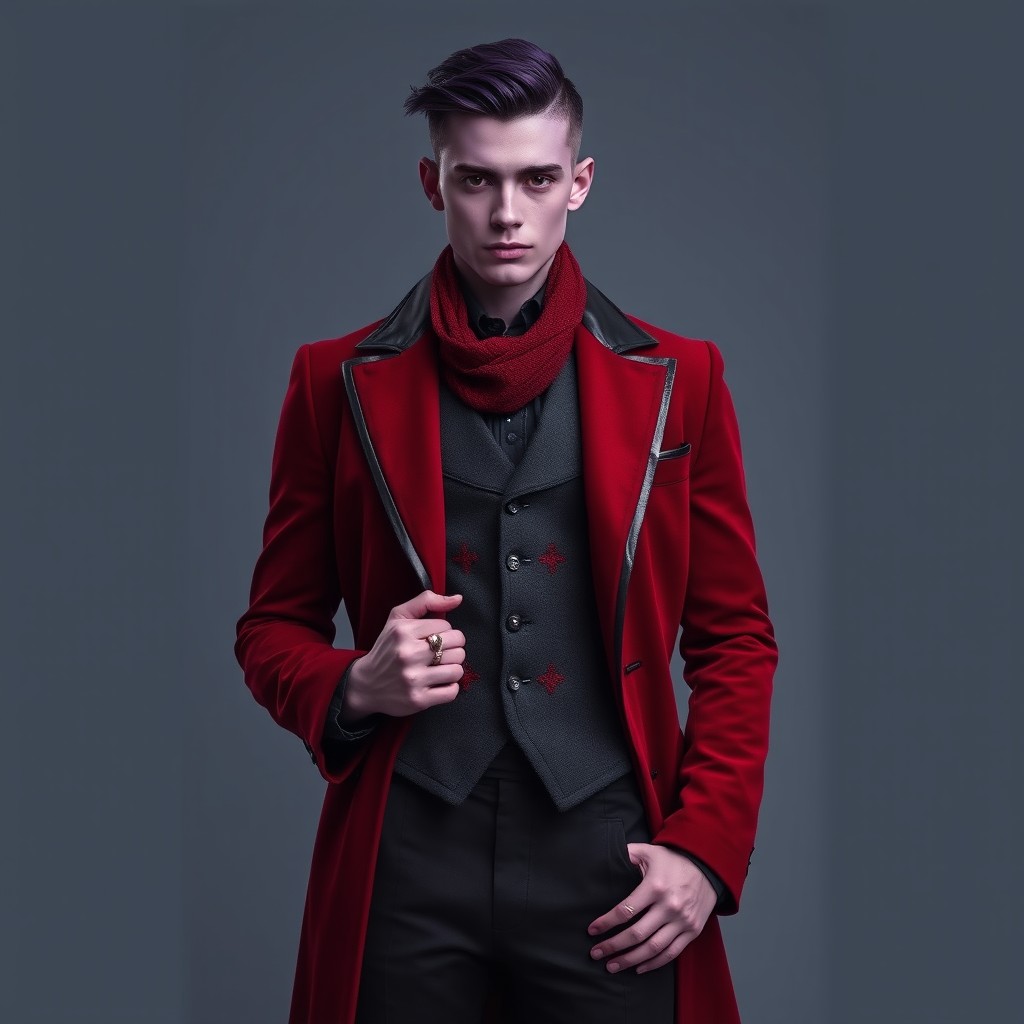 A young male with purple skin, dressed in a tailored deep crimson coat that resembles the color of smoldering embers