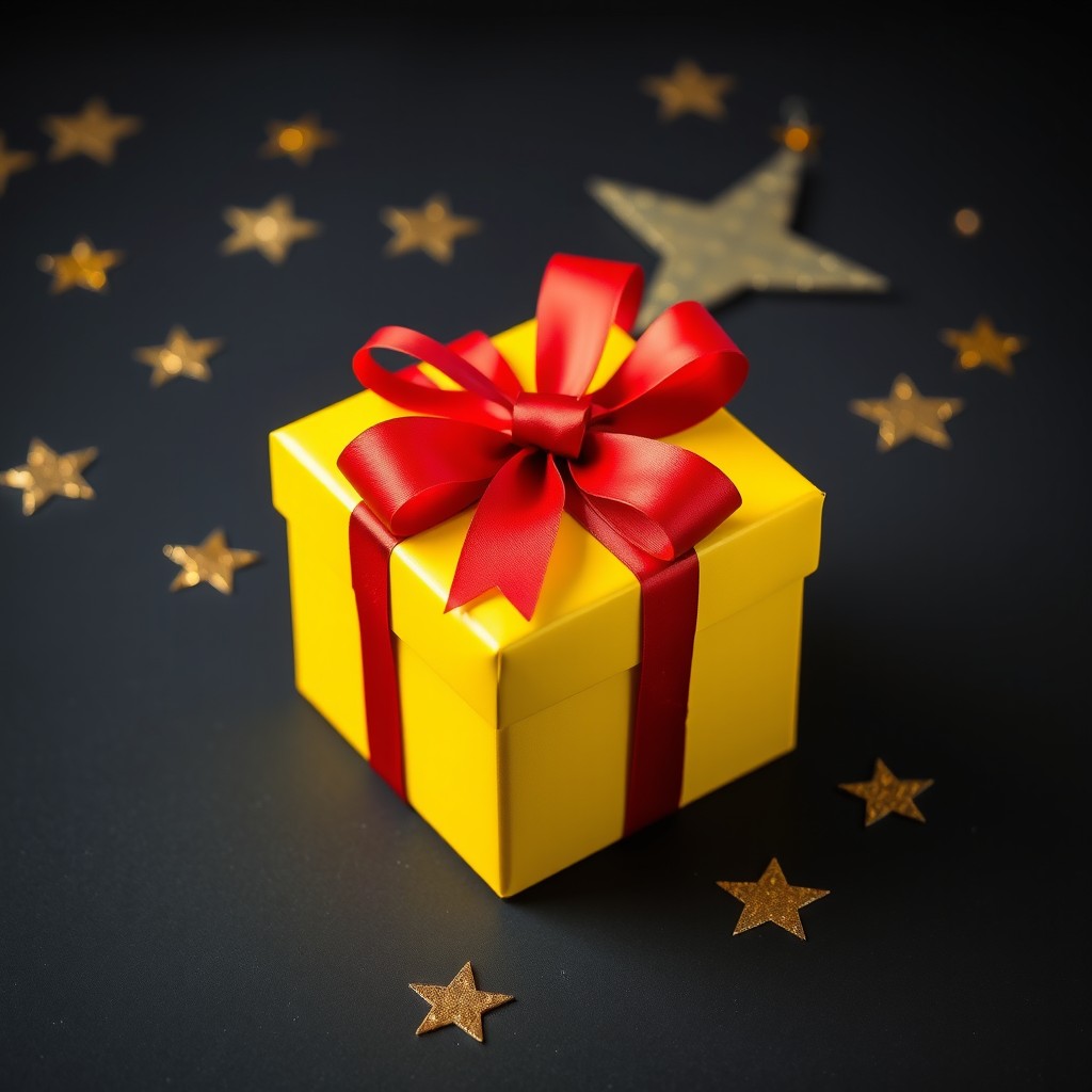 A vibrant yellow gift box adorned with a rich red ribbon, placed against a dark, starry background featuring shimmering gold stars