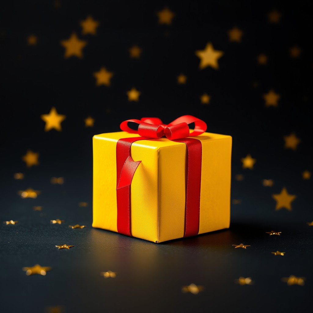 A vibrant yellow gift box adorned with a bright red ribbon, placed prominently in the center of a dark, starry background