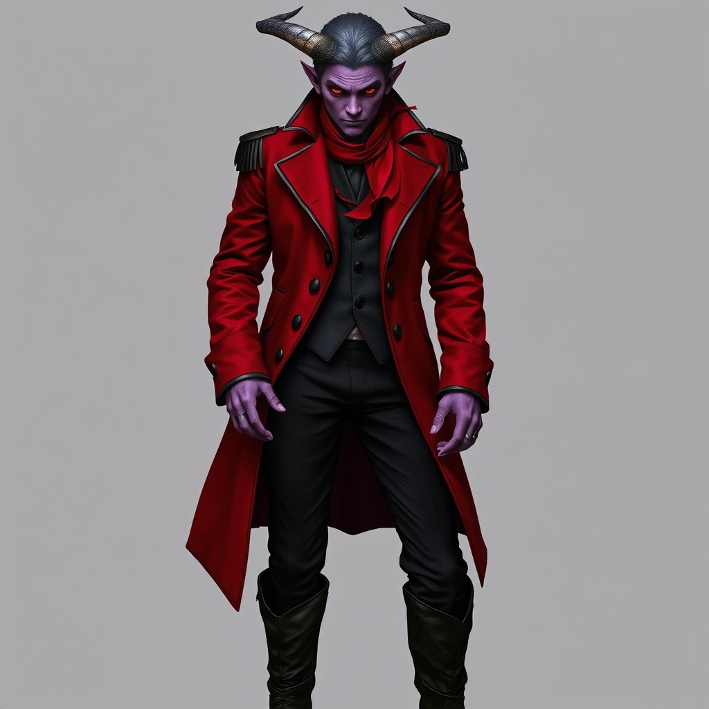 A young male tiefling with purple skin, featuring grey horns and distinct red eyes, showcasing a tailored deep crimson coat reminiscent of Napoleon's style