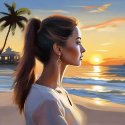 Create a beautiful painting of a side-profile woman, framed against the serene setting of a beach at sunset.