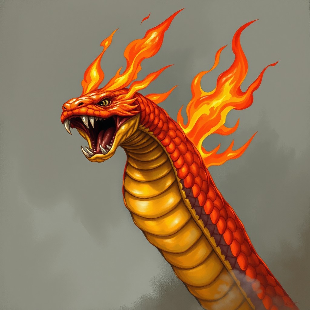 A fearsome Firesnake creature with vibrant orange-red scaled skin and flames erupting along its back