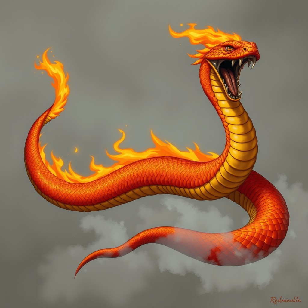 A full body DnD Firesnake featuring vibrant orange-red colored scales