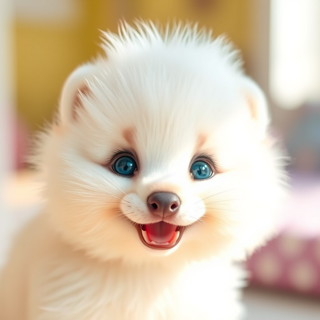 A fluffy baby animal, smiling joyfully, featuring soft white fur and striking blue eyes, exuding warmth and cuteness