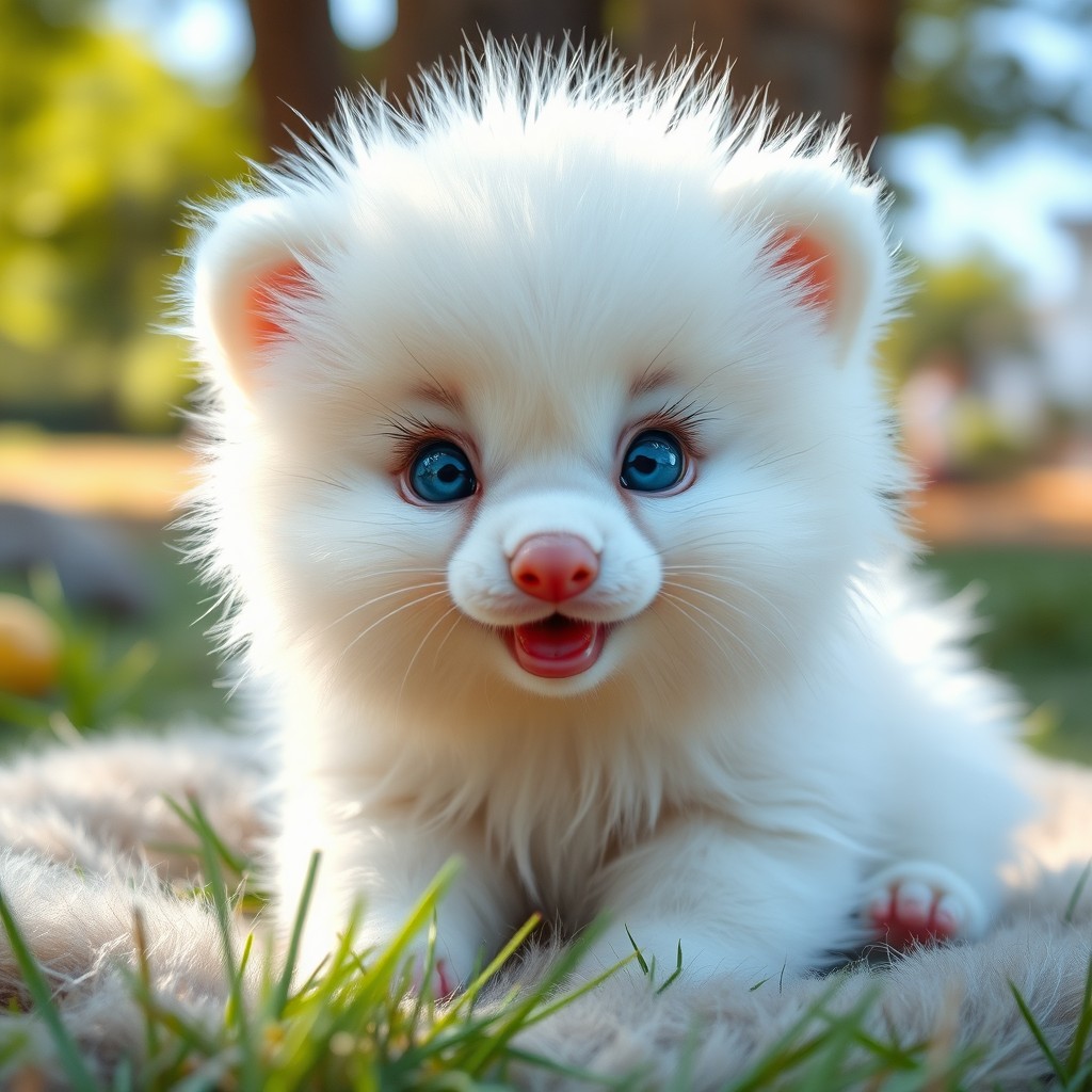 A fluffy baby animal with white fur and bright blue eyes, smiling cutely