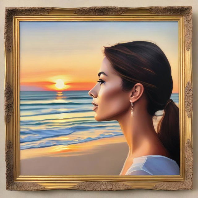 Create a beautiful painting of a side-profile woman, framed against the serene setting of a beach at sunset.