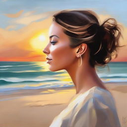 Create a beautiful painting of a side-profile woman, framed against the serene setting of a beach at sunset.