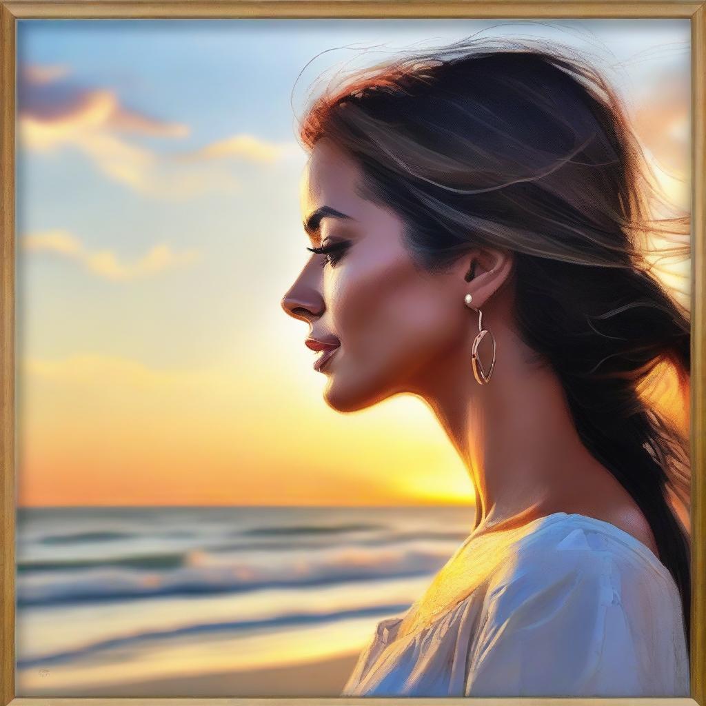 Create a beautiful painting of a side-profile woman, framed against the serene setting of a beach at sunset.