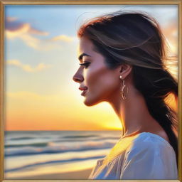 Create a beautiful painting of a side-profile woman, framed against the serene setting of a beach at sunset.