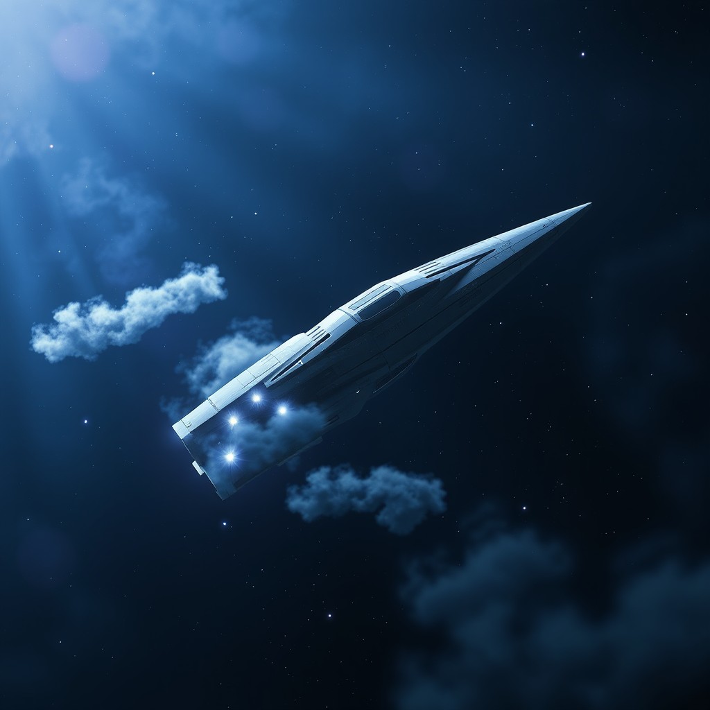 A stunning spacecraft soaring gracefully across an expansive dark space filled with ethereal blue and purple hues