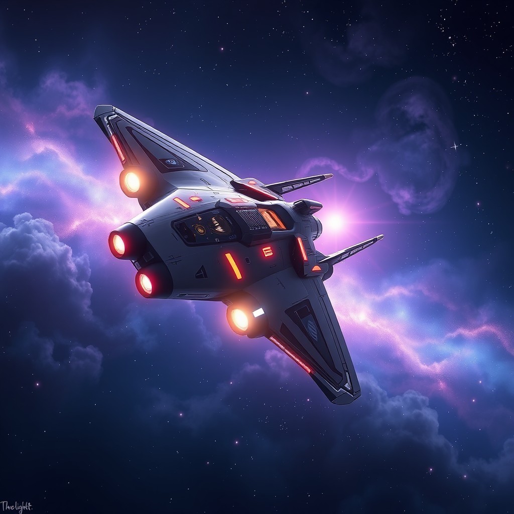 A futuristic spacecraft soaring gracefully across a vast expanse of dark blue and purple space