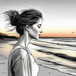 Using realistic technique, produce a detailed drawing of a side-profile woman set against the peaceful scenery of a beach at sunset.