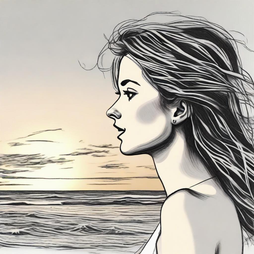 Using realistic technique, produce a detailed drawing of a side-profile woman set against the peaceful scenery of a beach at sunset.