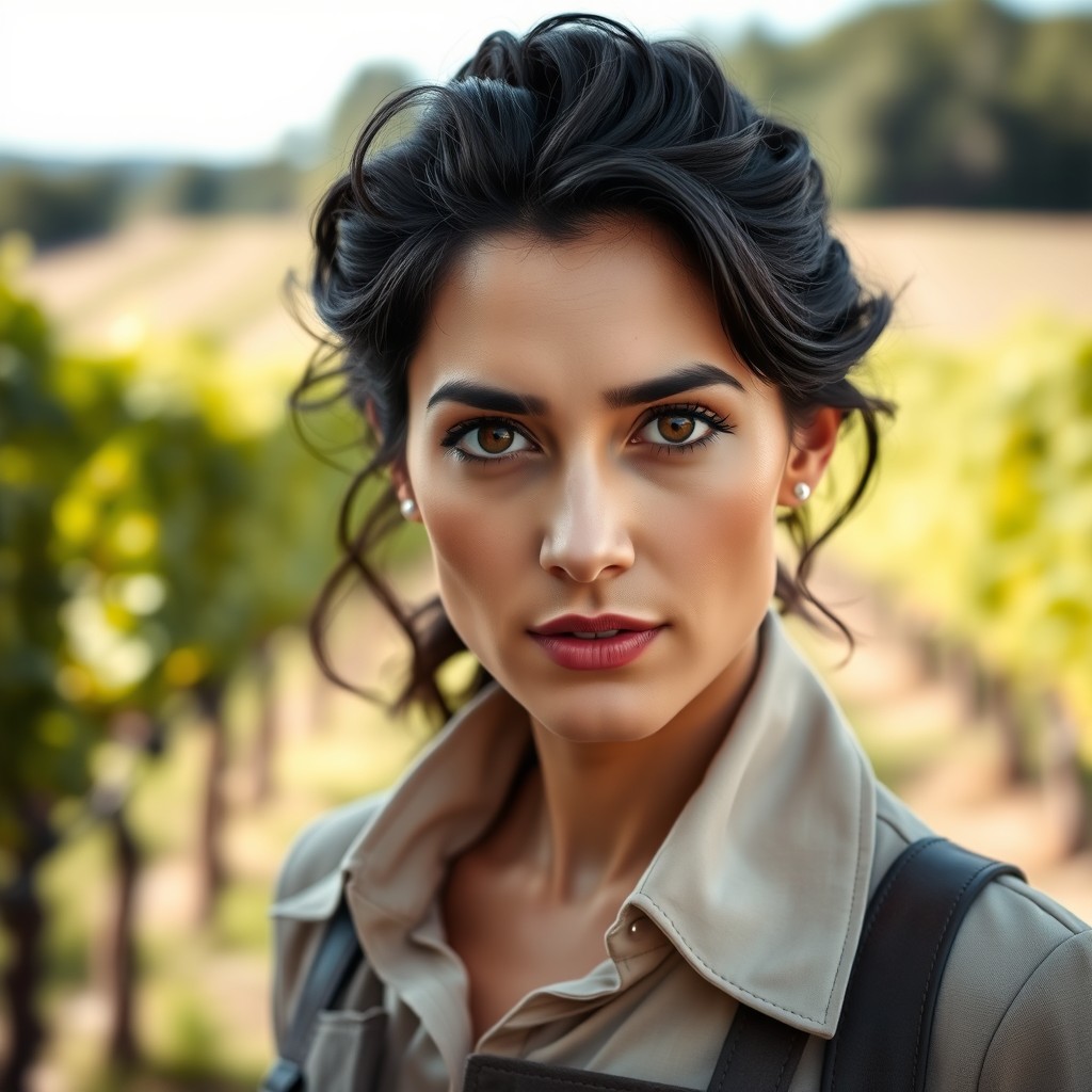 A striking portrait of a 32-year-old Italian female winemaker with black wavy hair and deep brown eyes