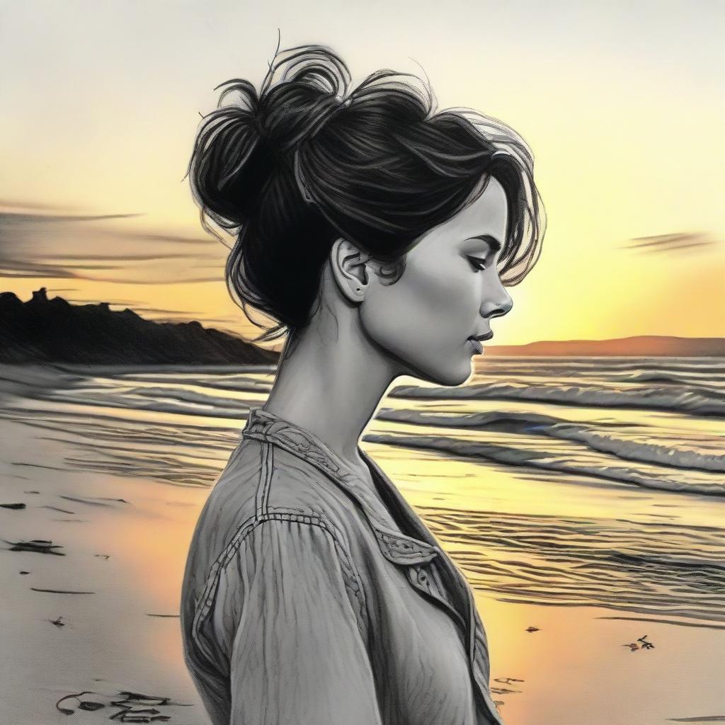 Using realistic technique, produce a detailed drawing of a side-profile woman set against the peaceful scenery of a beach at sunset.