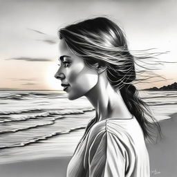 Using realistic technique, produce a detailed drawing of a side-profile woman set against the peaceful scenery of a beach at sunset.