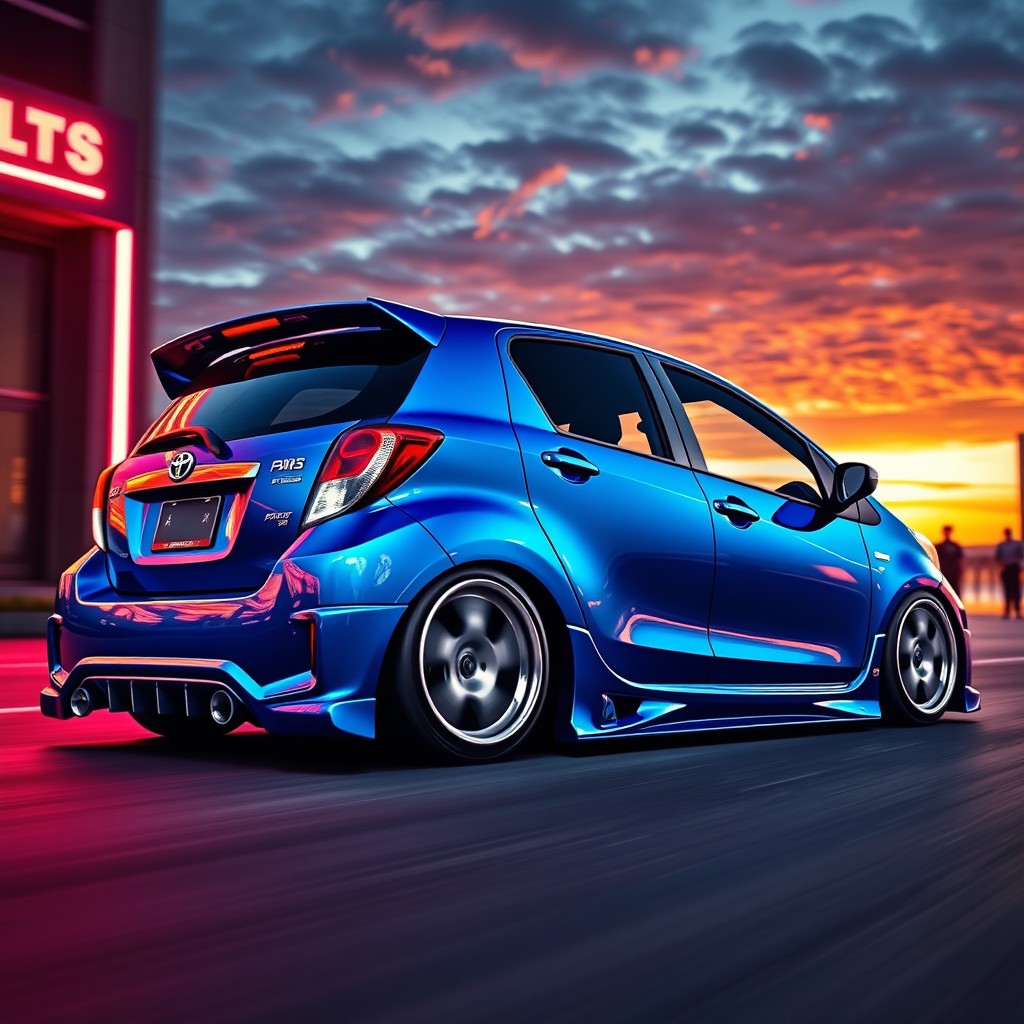 A customized 2011 Toyota Yaris, showcasing an aggressive stance with a sleek body kit, lowered suspension, and sporty alloy wheels