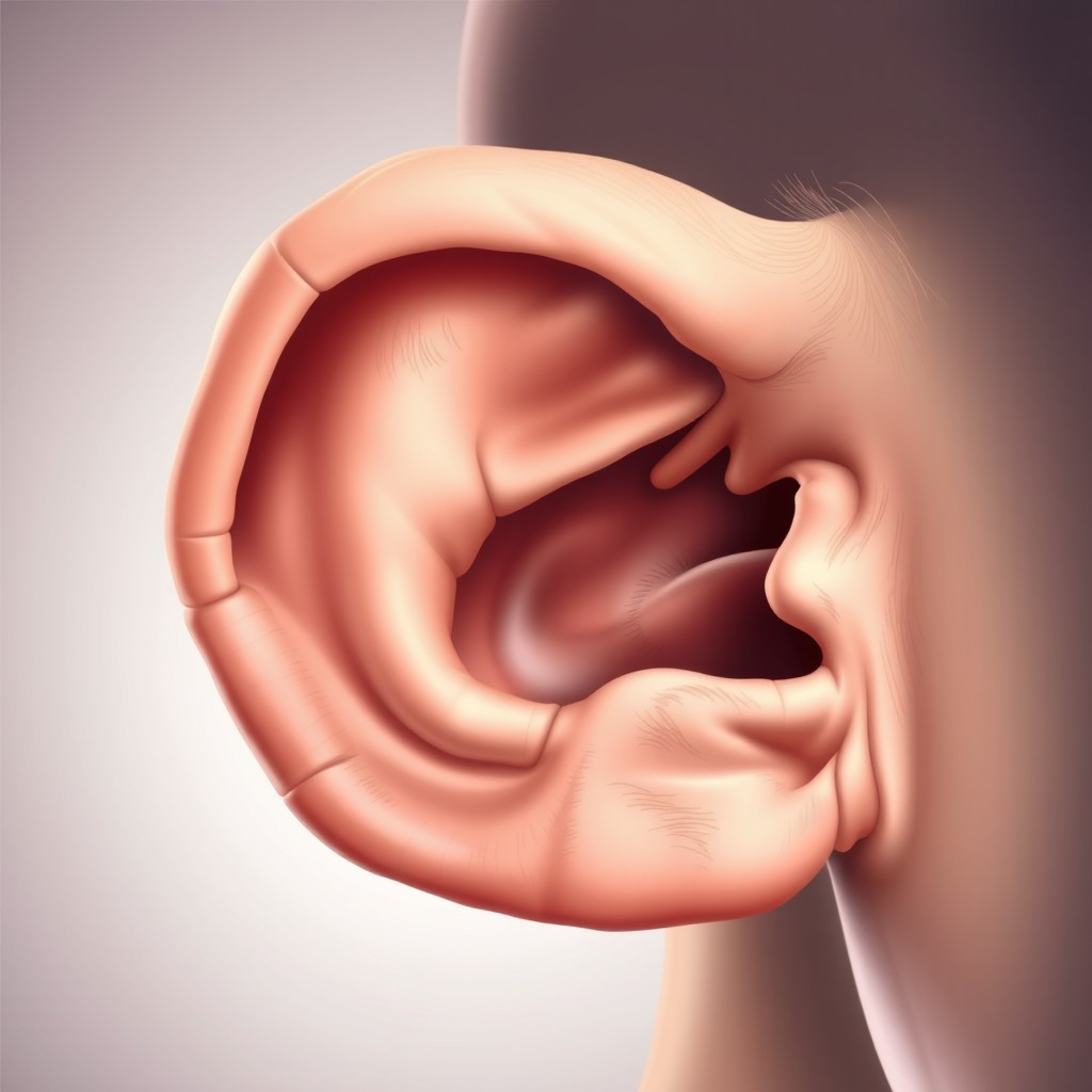 A close-up illustration of cauliflower ear, showcasing the unique texture and appearance of the ear's thickened cartilage, with detailed anatomical features