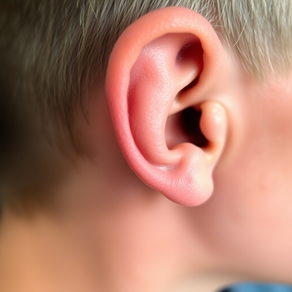 A close-up of a person's ear showing a prominent cauliflower ear, with distinct deformities and swollen appearance