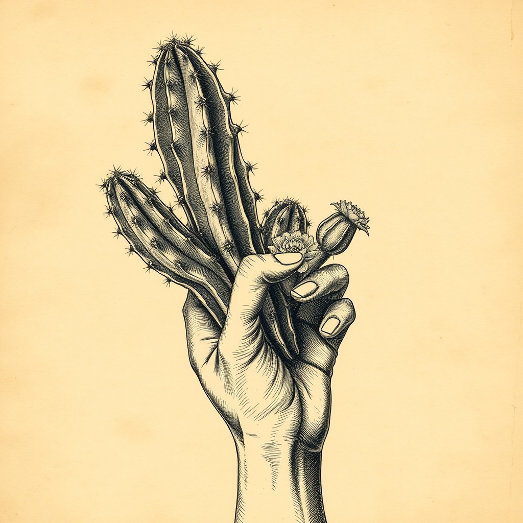 An old-fashioned drawing of a hand holding a cactus, with intricate details on the hand and the cactus texture
