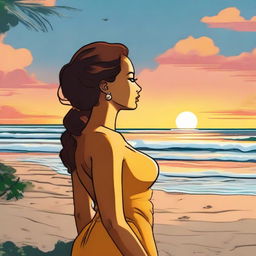 In Simpson's style, portray a side-profile woman amid the captivating scenery of a beach sunset.