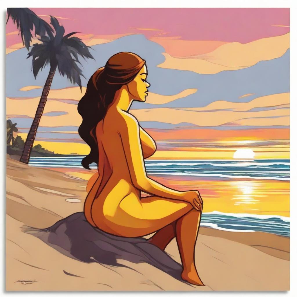 In Simpson's style, portray a side-profile woman amid the captivating scenery of a beach sunset.