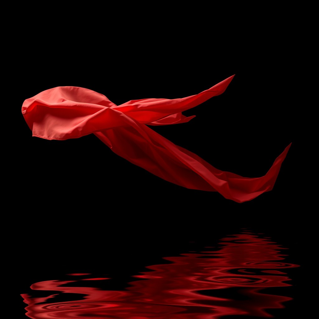 A striking scene featuring a luxurious carmine red fabric gracefully flying in the center of the image