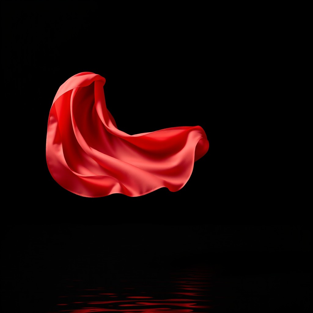 A captivating image featuring a flowing carmine red fabric elegantly suspended in the air against a rich black background