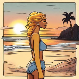 In Simpson's style, portray a side-profile woman amid the captivating scenery of a beach sunset.