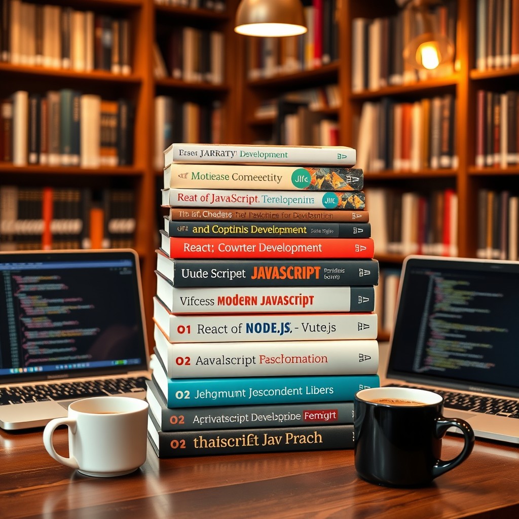 A stack of modern JavaScript development books on a desk, showcasing various titles and covers that depict popular JavaScript concepts and frameworks like React, Node