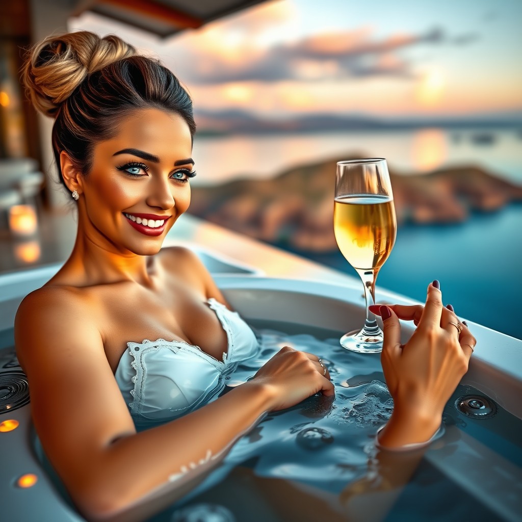 A gorgeous and powerful woman with mesmerizing blue eyes and an elegant bun hairstyle, enjoying a relaxing moment in a luxurious jacuzzi