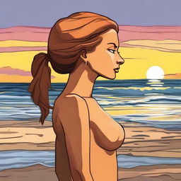 In Simpson's style, portray a side-profile woman amid the captivating scenery of a beach sunset.