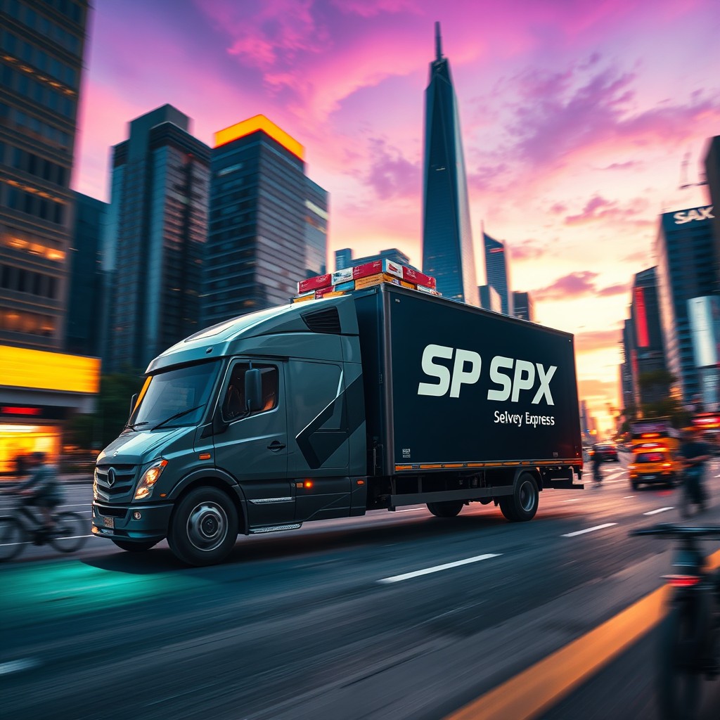 A dynamic and visually captivating scene depicting the concept of SPX Express, featuring a sleek and modern delivery truck emblazoned with the SPX logo, driving through an urban landscape filled with towering skyscrapers and vibrant neon lights